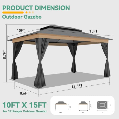 Image of COBIZI 10x15 Outdoor Patio Gazebo with Privacy Curtains, Gray | Soft Top Gazebo Double Roof, Dual Ceiling Hooks, Privacy Curtains, Heavy-Duty Steel Frame Canopy for Backyard, Deck & Garden
