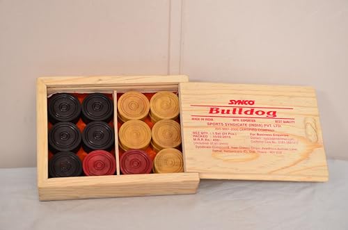 Image of Synco Professional Wooden Carrom Coins Board Game Set | 24 Carrom Board Coins in Special Case (Bulldog)