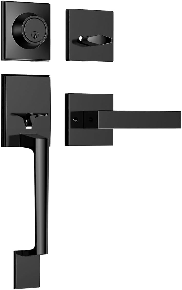 Black Front Door Handle and Deadbolt Set Heavy Duty Front Door Handle,Durable Modern Exterior Door Handles with Deadbolt Reversible for Right & Left Handed with Keys