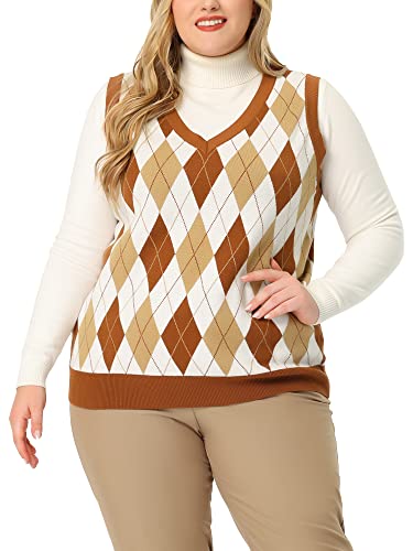 Agnes Orinda Plus Size Sweater Vest for Women Plaid Cable Knit Sleeveless Pullover Crop Top Sweater Vests 2X Brown