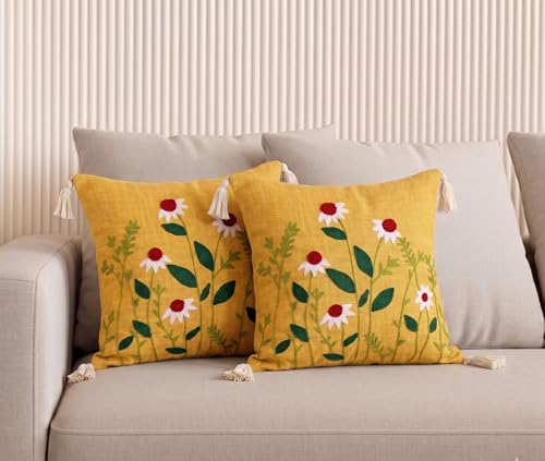 Image of Furnistitchs Handmade Cotton Bohemian Home Decor Cushion Cover 24x24 inches / 60x60 cms - Boho Chic Couch Sofa Throw Living Room Bedroom Cushions (2, Yellow Floral Cuts)