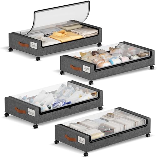 Yecaye 60L Under Bed Storage with Wheels, 4 Pack, Hemp Grey