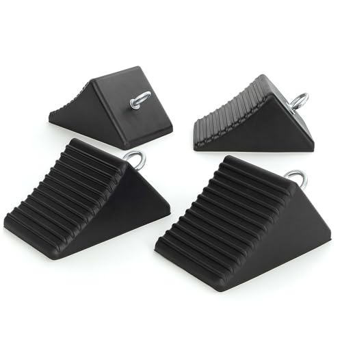 WilTec Set 4 Cales de Roue Triangulaires Caoutchouc 205×125×100 mm Noir avec Oeillet Métal Bloque-Roue Remorque Camping-Car Camion Voiture Antidérapante Sécurité Stationnement Chargement Bloc d'arrêt