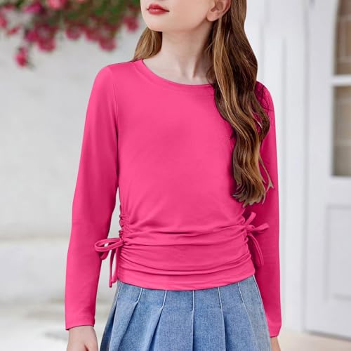 Kids Girls Long Sleeve Tops Crewneck Bow Tie Solid Color T Shirt Casual Loose Tees Pullover Girls Fall Simple Clothes2