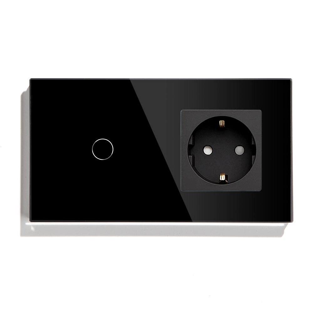 Interruptor Tactil Pared Inteligente 1 Gang Way 2 Touch Interruptor con Socket Standard Wall 3 Colores Panel de vidrio 157mm Toque luz(Black,2 Way)