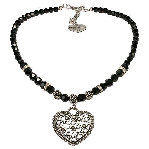 Alpenflüstern Perlen-Trachtenkette Blüten-Herz - Damen-Trachtenschmuck mit Strass-Trachtenherz, Dirndlkette schwarz DHK153