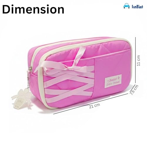 Image of FunBlast Pencil Pouch for Girls - Aesthetic Multi-Compartment Zipper Pouch with Drawstring Pocket, Cute Kawaii Pencil Case, Stylish Stationery Pouch, Return Gift for Kids & School Use (PinkB)