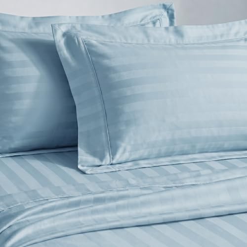 Image of LANE LINEN 100% Cotton Super King Bedsheet with 2 Pillow Cases | Damask Stripe 3pc Bedding Set- 2.74M x 2.74M | Breathable & Comfortable Fabric | Oeko-TEX Certified - French Blue