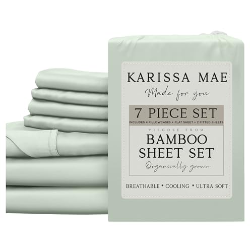 Image of KARISSA MAE 7 Piece Luxury Bamboo Viscose Split King Sheets, FSC Certified | Includes 2 Twin XL Fitted Sheets | Sleep Number & Adjustable Bed | Cooling | 18 inch Deep Pocket | 4 Pillowcases [Sea Glass]