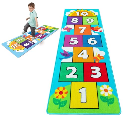 Hop & Count Hopscotch Rug for Kids, Floor Play Area Rug Game Carpet Crawl Jump Mat, Skid-Proof Backing, Great Gift for Boys Girls, Room Decor, Classic Hopscotch Rug for Preschool Playroom