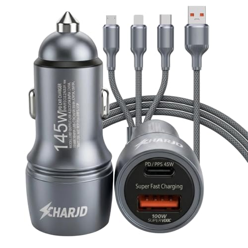 Car Charger Fast Charging 145W, Multi Port Car Fast Charger 100W Type C & 45W PD Charger, Car Laptop Charger Fast Charging Adapter for Smartphones, 12V Car Charger Socket with Cable 3 in 1