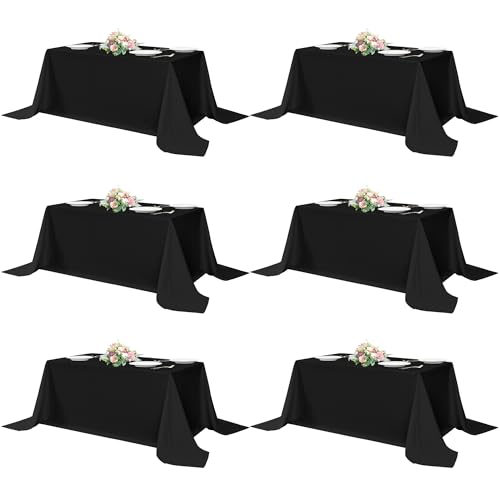 sancua Paquete de 6 manteles rectangulares de 90 x 156 pulgadas, color negro, de tela lavable, manteles grandes de poliéster reutilizables para bodas, cumpleaños, recepciones de banquetes