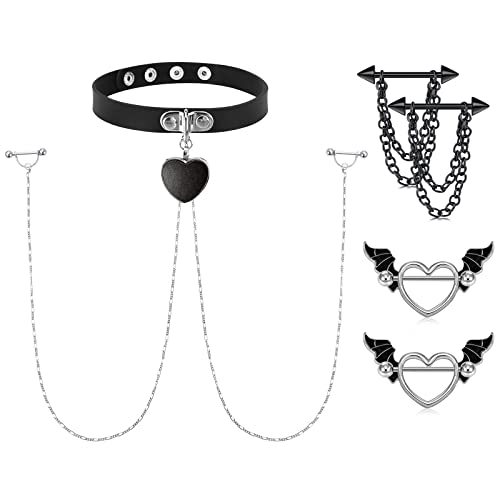 JFORYOU Nipple Ring with Choker Necklaces Stainless Steel Nipple Rings Punk Heart Pendant Chokers for Women Nipple Barbell Piercing Jewelry