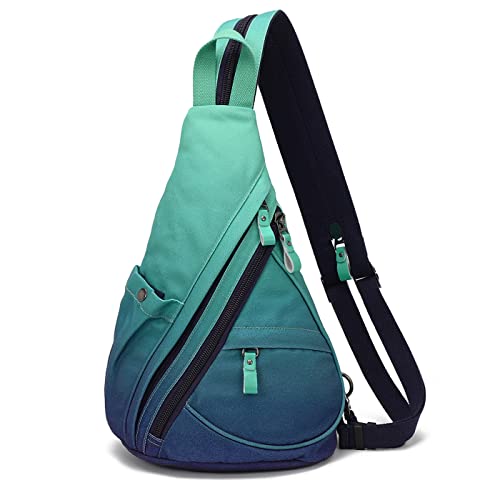 KL928 Canvas Sling Bag - Small Crossbody Backpack Shoulder Casual Daypack Rucksack for Men Women(Large Version) Canvas-blue+grayishgreen