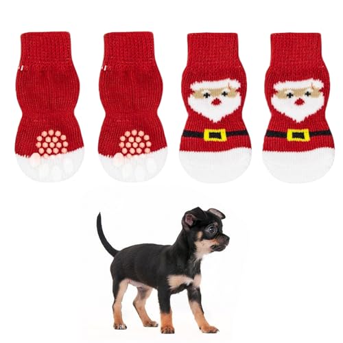 Kiuiom 4PCS Noël Chaussette Chien,Chaussettes Chat pour intérieur,Renforcement en Anti-Dérapantes Chausson Chien,Noël Chaussette avec Renforcement en Caoutchouc Chat,Convient Intérieur Extérieur,M