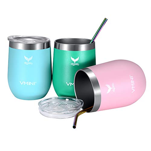 Vmini 12oz Wine Tumbler - Vacuum Insulated Stainless Steel, Travel Mug Stemless Coffee Cup Wine Glass, with 2 Lids 2 Straws and 1 Brush, for Champagne/Whiskey/Cocktail/Beer (Pink) - Thumbnail 3