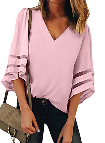 ROSKIKI Womens 3/4 Bell Sleeve V Neck Lace Patchwork Blouse Casual Loose Shirt Tops Pink S