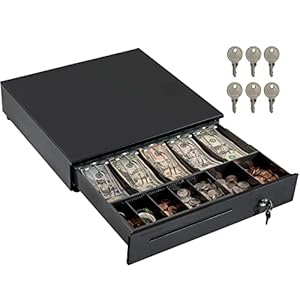 Volcora Cash Register Drawer for Point of Sale (POS) System, 5 Bill/7 Coin, 16″ with Adjustable Coin Slots, 24V, RJ11/RJ12 Key-Lock, Media Slot, Black