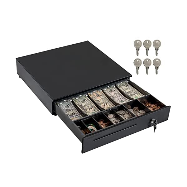 Volcora Cash Register Drawer for Point of Sale (POS) System, 5 Bill/7 Coin, 16″ with Adjustable Coin Slots, 24V, RJ11/RJ12 Key-Lock, Media Slot, Black
