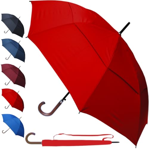 60MPH Windproof Large Strong Umbrella for Rain and Wind - Heavy Duty StormDefender City - Best for Vented Double Canopy - Auto - Solid Wood Hook Handle - Golf - Candy Red