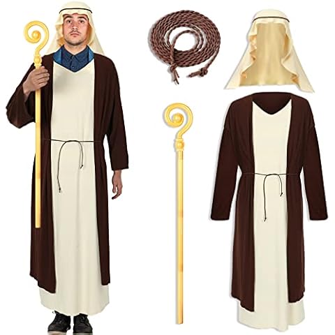 3 Pieces Adult Jesus Costume Saint Biblical Religious Costume for Men Pharaoh Costume Tan Robe Brown Overcoat Jesus Headband Shepherd Staff Wizard Staff Biblical Cane Walking Stick Prop Cover