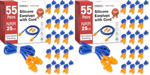 Image of AZEN 55 Pairs Silicone Ear Plugs, Reusable Earplugs for Noise Reduction, 25dB NRR Corded Ear Plug for Sleeping Noise Cancelling, Ear Plug with String Individual Packing (Pack of 2)