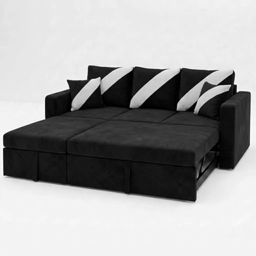 Image of FURNY Trivia 4 Seater LHS Lounger Sofa Cum Bed (Black) with Pull-Out Function | Luxury Velvet Suede Finish | Durable Comfort | Ideal for Living Room