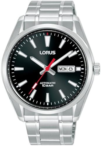 10 ATM (nuoto) Lorus Classico quadrante automatico con giorno/data da 100 m (42,5 mm) nero a raggi di sole/acciaio inossidabile RL451BX9
