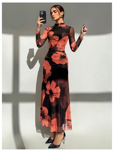 Image of Verdusa Women's Floral Wedding Guest Dress Long Sleeve Mesh Slimming Cocktail Vacation Maxi Dresses