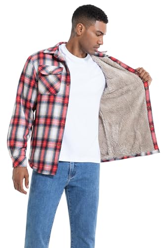 Image of Men's Sherpa Cotton Flannel Shirt Jacket Plaid Button Coat Pocket