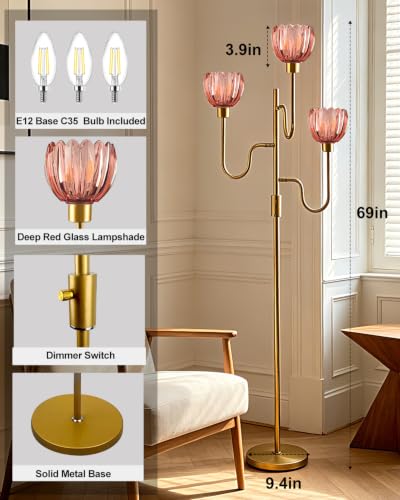 Image of 3-Light Red Tulip Glass Floor Lamp, Dimmable Standing Floor Lamp with 3 Bulbs Included, 3000K Warm White Gold Tall Floor Lamp for Living Room Bedroom Sofa Corner, Modern Romantic Reading Floor Lamp