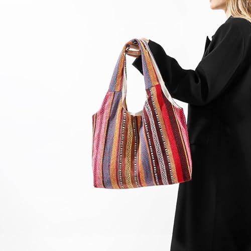 Bohemia Tote Bag, Canvas Shoulder Bag for Women, Large Capacity Work Bag，Reusable Canvas Lunch Bag Teacher Bag Shopping, Utility Aesthetic Handbag(Red)3