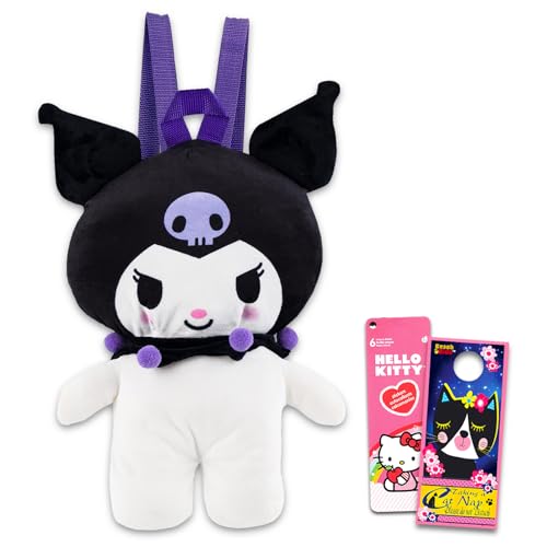 Sac à dos en peluche Kuromi de 40 cm avec poupée douce, bretelles et autocollants Hello Kitty