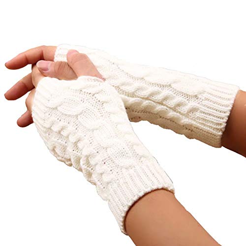 LCHULLE 1 Paar fingerlose Handschuhe, warme Armhandschuhe, Winter, Strick, Häkelhandschuhe, Geschenk für Frauen und Mädchen,Weiss