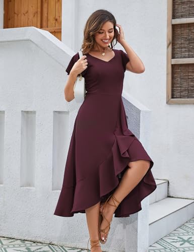 Image of HomRain V Neck Formal Wedding Guest Dresses for Women Ruffle Sleeves for Cocktail Graduation Modest Dress