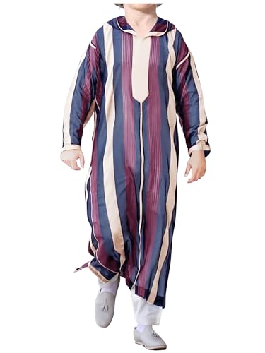 WSPLYSPJY Boys Muslim Thobe Striped Maxi Kaftans Kids Hooded Long Sleeve Arab Gown Islamic Robe4