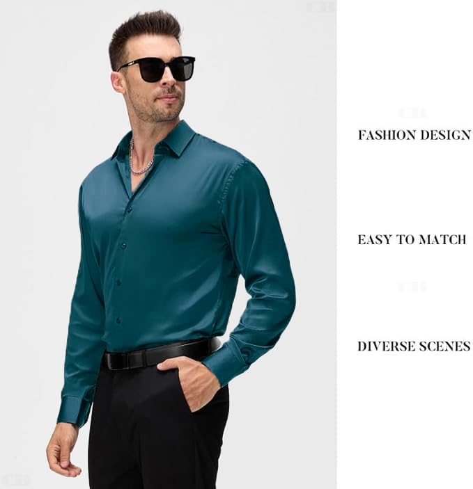 Image of CB-COLEBROOK Mens Stylish Solid Silk Satin Casual Dress Shirts for Men Shiny Long Sleeve Button Down Shirt Party Prom Wedding Shirt for Mens