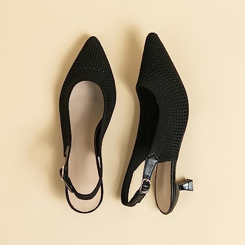 Image of youngshow Women's Slingback Kitten Heels for Work | Knit, Low Heels, Elastic Back Strap, Slip on, Pumps for Office, Wedding, Party