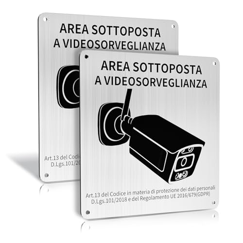 REIGY Cartello Area Videosorvegliata Alluminio da Esterno 15x15 cm, 2pcs Area Sottoposta a Videosorveglianza Adesivo GDPR, Cartelli Privacy Telecamere Sorvegliata per Proprietà Privata
