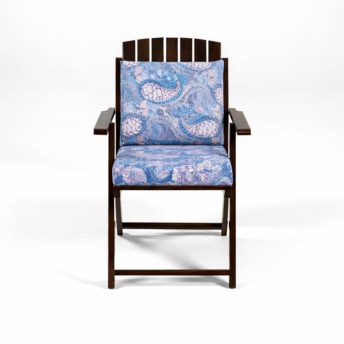 Image of WELL KNOWN Foldable Wooden Outdoor Chair with Cushioned Seat & Backrest - Patio Garden Armchair with Blue Paisley Fabric, Space-Saving Design, 34 Inch Height, Walnut Finish