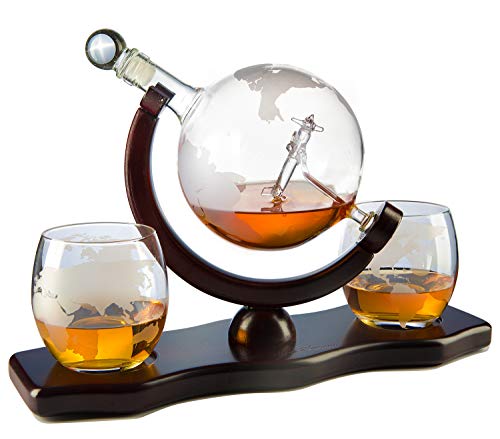 Etched World Decanter Whiskey Globe - Antique Airplane The Wine Savant 850Ml, Whiskey Stones And 2 World Map 10 Oz Glasses, Pilot Gift Clear #TOP1