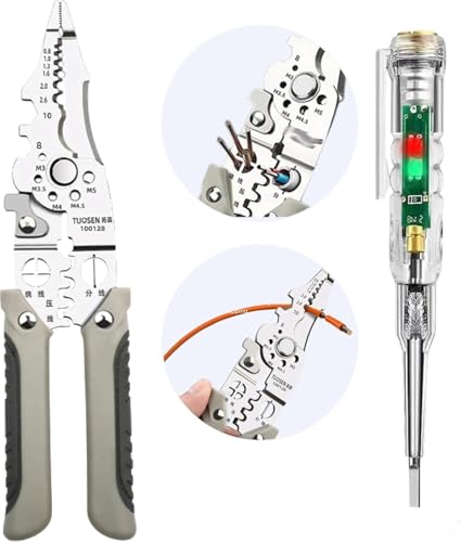 Image of FIDEO (Silver) Wire Stripper & Tester Combo Set | All in One Multifunction Stainless Steel | Wire Stripper & High Brightness | Intelligent Voltage Tester Pen | Electrical Hand Tool Kit