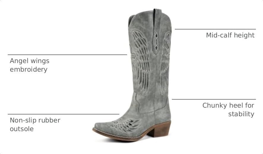 Image of Women's Western Cowboy Boots - Black Gothic Cross & Angel Wing Embroidered Mid Calf Boots, Y2K Vintage Pointed Toe Biker Cowgirl Boots for Concert Festival