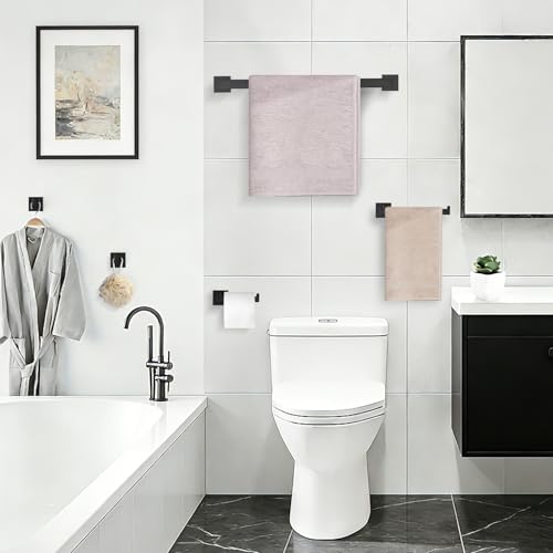 Image of Turs 4-Piece Bathroom Hardware Set Towel Bar Toilet Paper Holder Towel Ring and Towel Hook, Matt Black SUS 304 Stainless Steel Wall Mounted