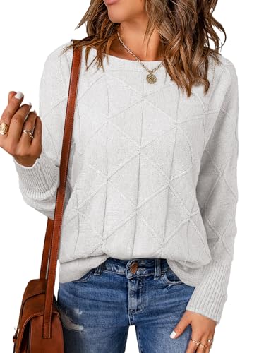 Image of EVALESS Trendy Crewneck White Sweaters for Women Fall Winter 2025 Lightweight Long Batwing Sleeve Pullover Sweaters Tops Womens Casual Drop Shoulder Sweaters Solid Loose Knit Clothes Large