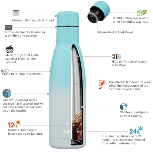Image of BJPKPK Insulated Water Bottle 17oz Stainless Steel Water Bottles Dishwasher Safe Reusable Metal Thermal Keep Cold and Hot,Sea Salt