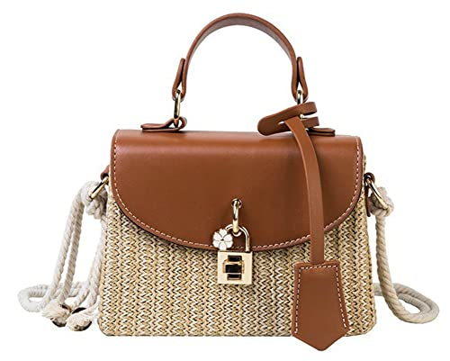Image of Straw Crossbody Bag for Women Hand Woven Shoulder Bag Leather Top Handle Small Boho Purse Rattan Beach Handbags