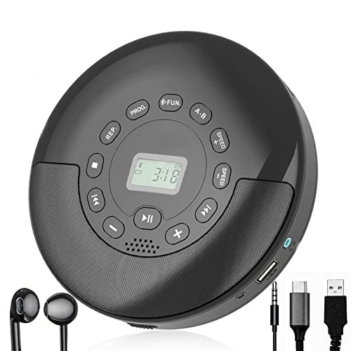 Portable CD Player with Speakers - Bluetooth CD Player Portable,Rechargeable Anti-Skip Walkman CD Music Player for Car/Travel with Headphones and AUX Cable,Home Audio Stereo Speaker,2000mAh Battery