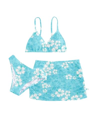 Image of COZYEASE Girls' 3 Piece Set Floral Print Bikini Swimsuit with Drawstring Beach Skirt Cute Ruched Bathing Suit