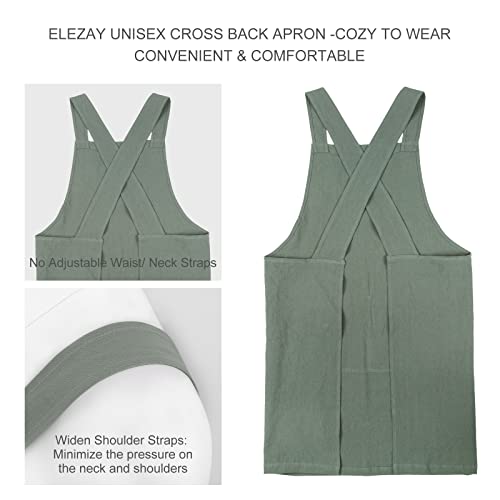 Elezay Aprons For Women With Pockets Unisex Comfort Cross Back No Tie Cotton Linen Apron Pinafore For Cooking Painting Floral Arrangement Gardening Cleaning Green, Medium #TOP1